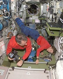 Astronauts in Zvezda module of 
 the International Space Station. 
 NASA photo S114-E-7012. 
